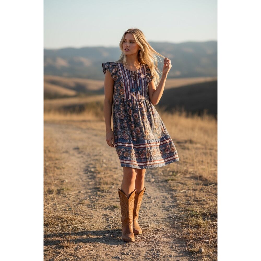 Matilda Jane Heart to Heart Pasture Floral Flutter Sleeve Dress Sz L Blue Boho